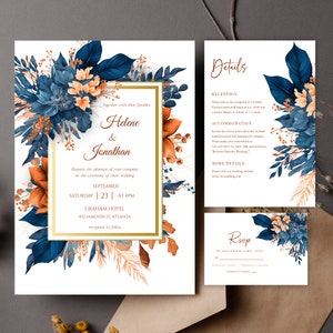 Modèle élégant de faire-part de mariage bleu marine orange rouille carte de mariage floral aquarelle bleu marine imprimable invitation de mariage bleu automne chic indigo