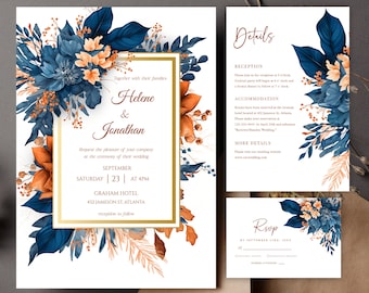 Elegant Navy Blue Orange Wedding Invitation Template Rust Navy Watercolor Floral Wedding Card Printable Chic Fall Blue Wedding Invite Indigo