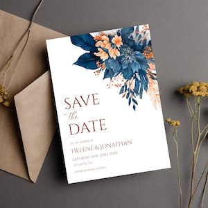 Mariage élégant bleu marine orange réservez votre modèle aquarelle florale réservez votre date, réservez-vous chic chic, indigo rouille rustique bohème
