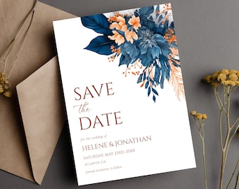 Navy Blue Orange Elegant Wedding Save The Date Template Watercolor Floral Save The Date Printable Chic Save The Date Indigo Rust Boho Rustic