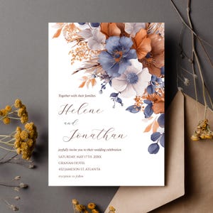 Watercolor Floral Wedding Invitation: Dusty Blue, Rust Terracotta (Digital Download)