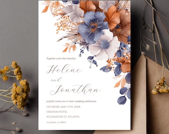 May include: Wedding invitation with a floral design featuring blue, white, and orange flowers. The invitation reads "Together with their families Helene and Jonathan joyfully invite you to their wedding celebration Saturday, May 17th, 20XX Graham Hotel 432 Jameson St. Atlanta reception to follow."