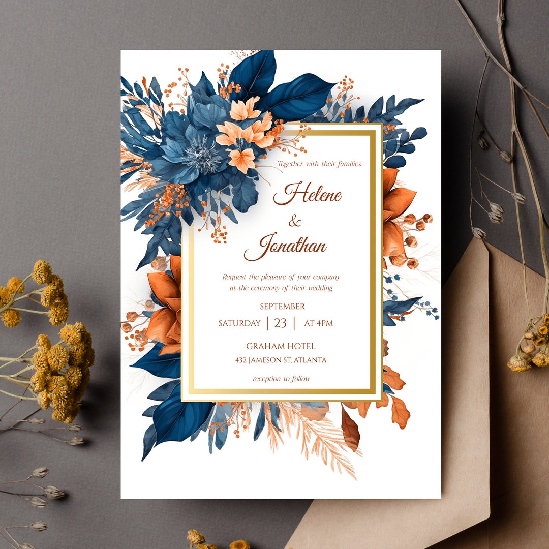 Blue Orange Fall Wedding Invitation Template Watercolor Floral Navy ...