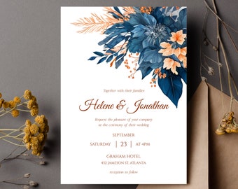 Garden Flowers Wedding Invitation Template Watercolor Floral Elegant Wedding Invitation Indigo Navy Blue Wedding Printable Wedding Invite