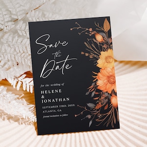 Elegant Moody Save The Date Template Printable Rustic Watercolor Floral Fall Wedding Announcement Terracotta Burnt Orange Goth Wedding DM1