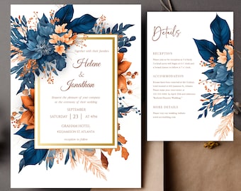 Navy Blue Orange Elegant Wedding Invitation Template Watercolor Floral Rust Navy Wedding Card Printable Indigo Fall Blue Wedding Invite Boho
