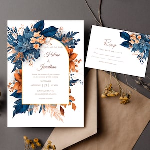 Modèle floral élégant de faire-part de mariage bleu marine rouille automne bleu orange carte de mariage imprimable fleurs de jardin rustique invitation de mariage indigo