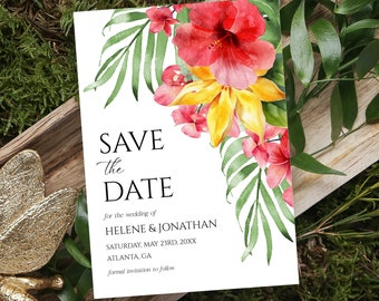Tropical Save The Date Template Printable Watercolor Floral Hibiscus Summer Exotic Destination Wedding Announcement Ocean Beachside Wedding