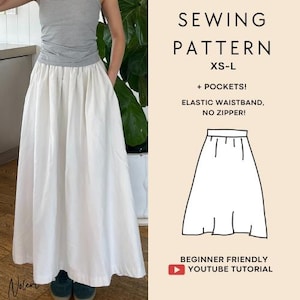 May include: A sewing pattern for a white skirt with pockets, an elastic waistband, and no zipper. The pattern is for sizes XS-L and includes a YouTube tutorial.
