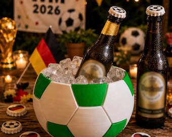 Football Set: Bowl and 4 Bottle Caps from a 3D Printer | Snack Bowl for World Cup, Bundesliga & Football Nights | Popcorn Bowl, Beer Fan Decoration Gift