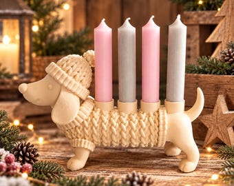 Portavelas de Adviento con forma de perro salchicha para 4 velas | Decoración navideña tejida | Decoración de Adviento | Portavelas con forma de perro salchicha | 23 cm | Variedad de colores