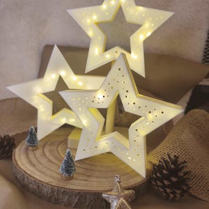Può includere: Tre decorazioni a forma di stella bianca illuminate con motivi a punti ritagliati. Le stelle sono illuminate con luci bianche calde e sono disposte su una base di legno con piccoli alberi decorativi e un ornamento a stella glitterata dorata.