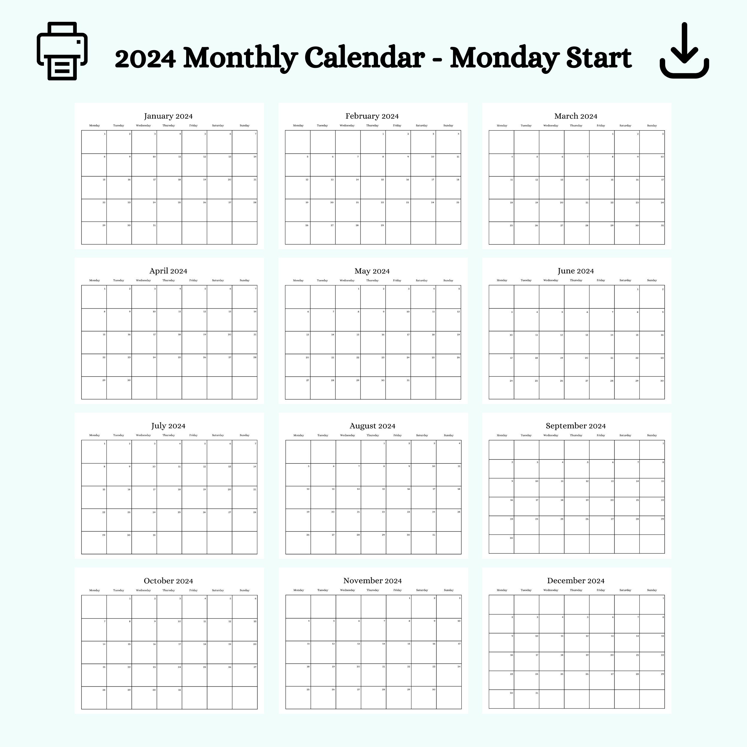 2024 Wall Calendar, Printable Letter Size Download, Monday Start,sunday