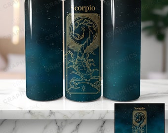 Bicchiere con segno zodiacale Scorpione, stella color verde acqua, design per sublimazione (download digitale PNG)