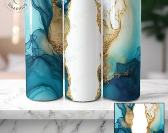 Wzór sublimacji na kubku z turkusowym tuszem alkoholowym i złotym brokatem (PNG)