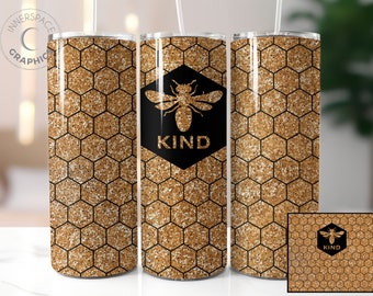 Wzór sublimacji na kubku Bee Kind, złoty brokat, plaster miodu (plik PNG do pobrania)