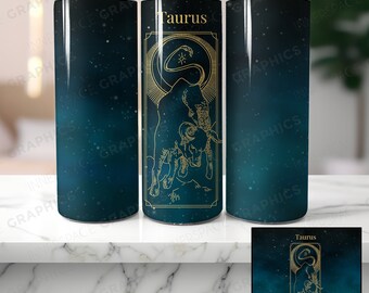 Taurus Zodiac Tumbler Sublimation Design, Teal Star PNG (Digital Download)