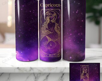 Sublimacja na kubek z motywem zodiaku Koziorożec, fioletowy znak zodiaku (pobieranie cyfrowe PNG)