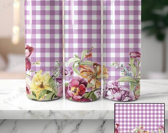 BEZSZWOWY Fioletowy Gingham i Kwiatowy 20oz Wąski Kubek Sublimacyjny Projekt PNG Plik Cyfrowy Do Pobrania, Kubek dla Mam Roślin