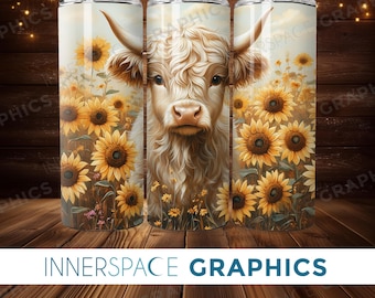 Wzór sublimacji na kubek z motywem słonecznika z Highland Cow (plik PNG do pobrania)