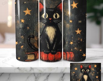 Czarny kot na książkach – projekt sublimacji na kubku (do pobrania w formacie PNG)