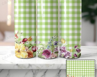 Floral Green Gingham Tumbler Design, 20oz Skinny Tumbler (PNG Digital Download)