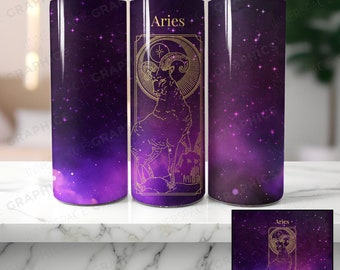 Sublimacja na kubek z motywem znaku zodiaku Baran, fioletowy znak zodiaku (plik PNG do pobrania)