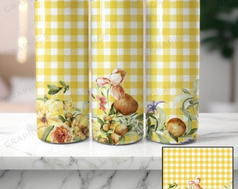 Yellow Gingham Floral Fruit Tumbler Design, 20oz Skinny Tumbler (PNG Digital Download)