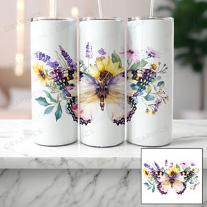 SEAMLESS Watercolor Butterfly with Flowers 20oz Skinny Tumbler Sublimation Design PNG File Digital Download, Colorful Butterfly Tumbler PNG
