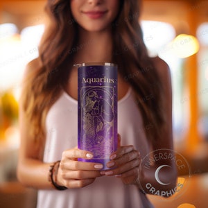 SEAMLESS Aquarius Zodiac 20oz Skinny Tumbler Sublimation Design PNG File Digital Download, Astrology Purple Star Tumbler