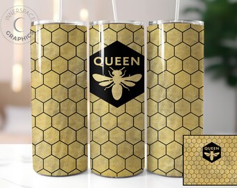 Wzór sublimacji na kubku Queen Bee, złota folia o strukturze plastra miodu (PNG do pobrania w wersji cyfrowej)