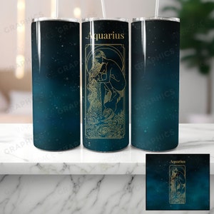 SEAMLESS Aquarius Zodiac 20oz Skinny Tumbler Sublimation Design PNG File Digital Download, Astrology Teal Star Sign Aquarius Tumbler Wrap