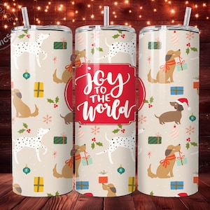 Verre de Noël sans couture chien 20 oz design en sublimation, téléchargement numérique, emballage de gobelet de Noël, emballage de gobelet Joy to the World PNG