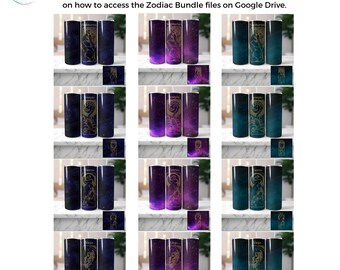 36 SEAMLESS Zodiac Bundle 20oz Skinny Tumbler Sublimacja PNG Plik Pobieranie cyfrowe, Grafika astrologii Tumbler 3 kolory Teal, fioletowy, niebieski