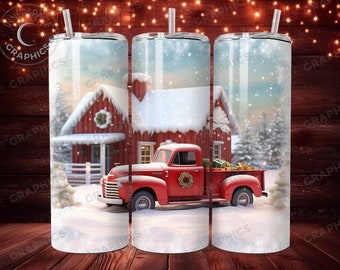 Projekt sublimacji na kubek świąteczny z czerwoną ciężarówką (pobranie cyfrowe)