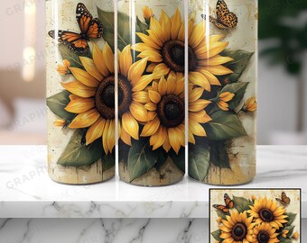 Wzór sublimacji na kubek z motywem motyla i słonecznika: akwarela kwiatowa w formacie PNG (pobranie cyfrowe)