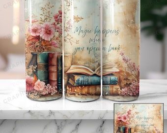 Cottagecore Book Tumbler Wrap, Watercolor Floral Design (PNG Digital Download)