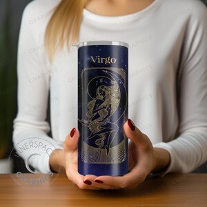 SEAMLESS Virgo Zodiac 20oz Skinny Tumbler Sublimation Design PNG File Digital Download, Astrology Dark Blue Star Sign Virgo Tumbler Wrap PNG