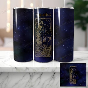 SEAMLESS Aquarius Zodiac 20oz Skinny Tumbler Sublimation Design PNG File Digital Download, Astrology Dark Blue Star Sign Aquarius Tumbler