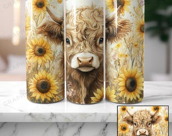 Wzór sublimacji na kubek z motywem słonecznika w stylu Highland Cow (pobranie cyfrowe)