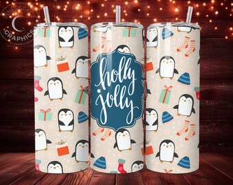 Kubek termiczny z nadrukiem sublimacyjnym „Zimowy pingwin”, Holly Jolly, smukły, 20-uncjowy (do pobrania cyfrowego)