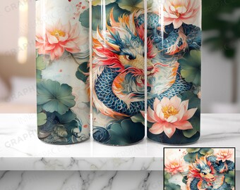 Water Dragon Tumbler Sublimation Design, Chinese Lilies PNG (Digital Download)