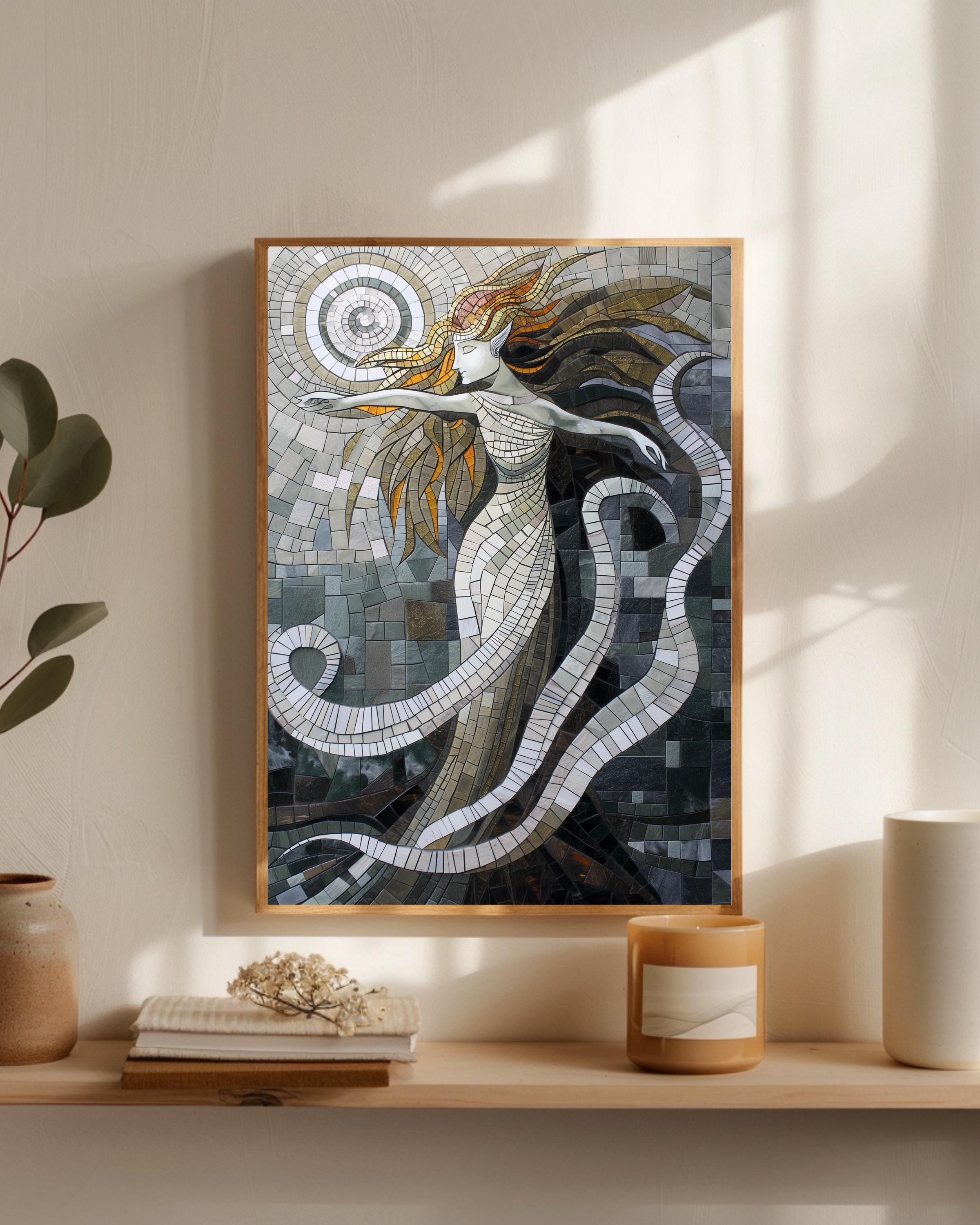 Storm-blown Angel Mosaic Print: Byzantine-inspired Digital Art