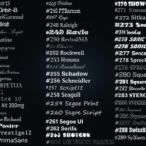 May include: A black background featuring a list of numbered font styles from #226 Orator15 to #289 Sylfaen. The text is displayed in white, showcasing various typographic designs including serif, sans-serif, script, and decorative styles in three columns.