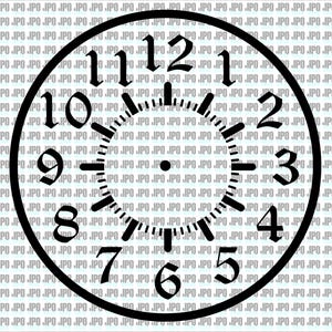 May include: A monochrome clock face featuring the numbers 1 to 12 in a traditional font. The clock hands are black, and the design is simple and minimalist. The clock face is circular.