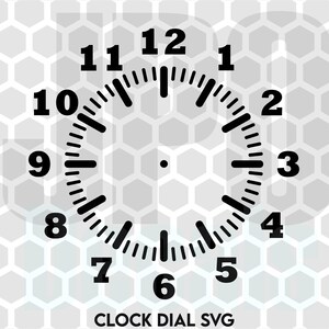 May include: A black and white clock dial SVG design. The clock face features numbers 1 to 12, with tick marks for minutes. The text "CLOCK DIAL SVG" is at the bottom.