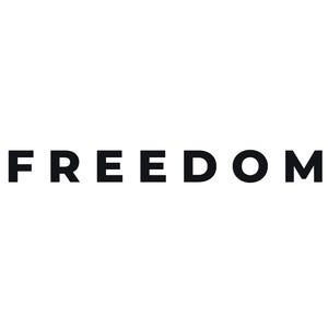 May include: Bold, black text on a white background spells out the word "FREEDOM". The letters are evenly spaced and sans-serif, creating a clean and modern aesthetic. The image is simple and direct.