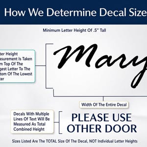May include: An instructional graphic titled How We Determine Decal Size. It shows the name Mary in black script and the text PLEASE USE OTHER DOOR in block letters. Brackets and labels explain that height is measured from the top to bottom.