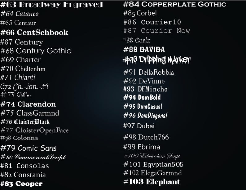 May include: A black digital chart displaying a list of numbered font styles from 63 to 103. The text is presented in white, featuring various typographic designs including Broadway Engraved, Copperplate Gothic, CentSchbook, and Dripping Marker.