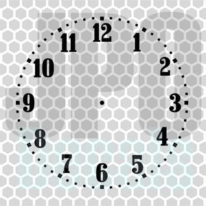 May include: A transparent clock face with black numerals and a dotted minute track. The numbers 1 through 12 are displayed in a classic font. The background is a light gray honeycomb pattern.